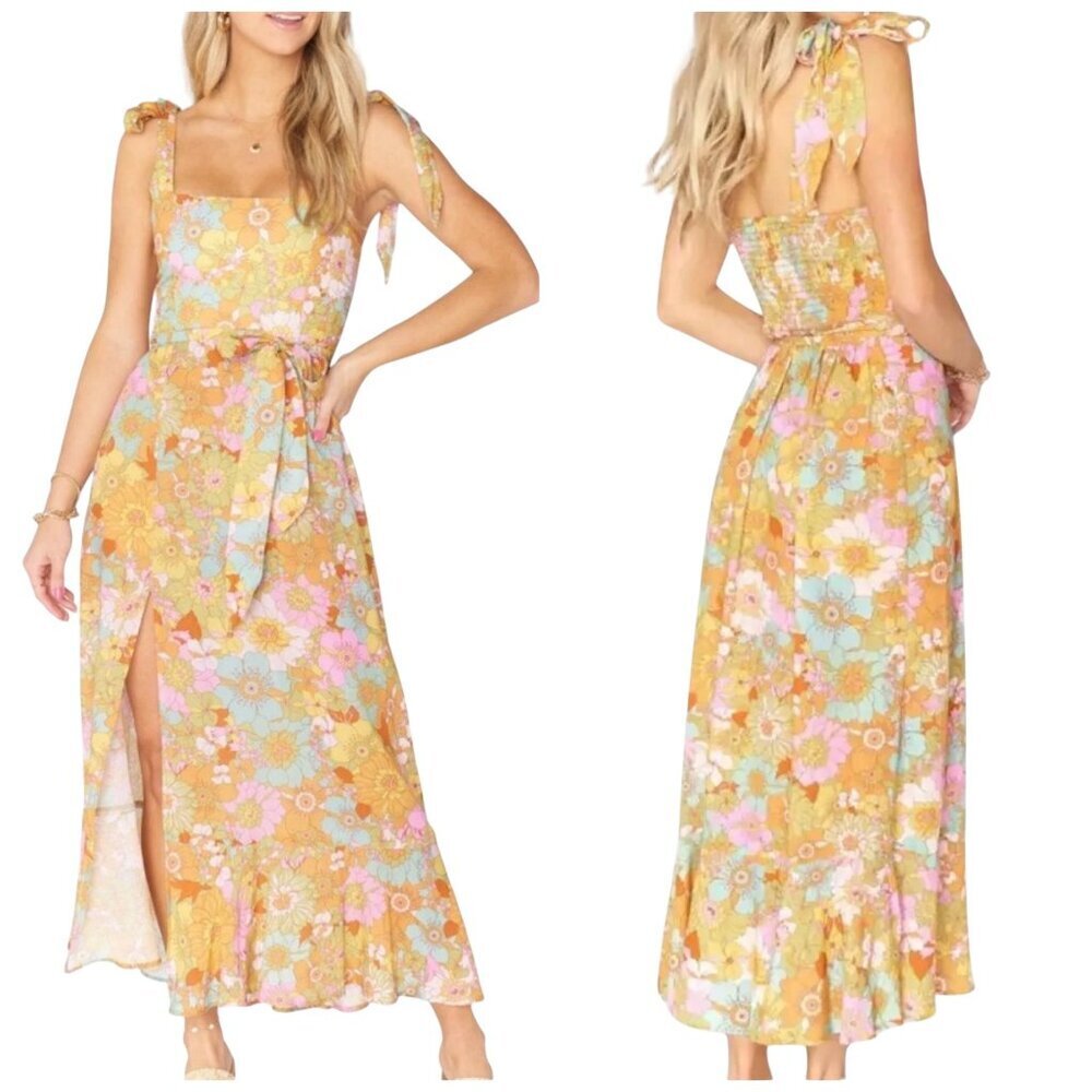 Show Me Your Mumu Claire Midi Dress Groovy Blooms Floral Tie Strap XS NWT